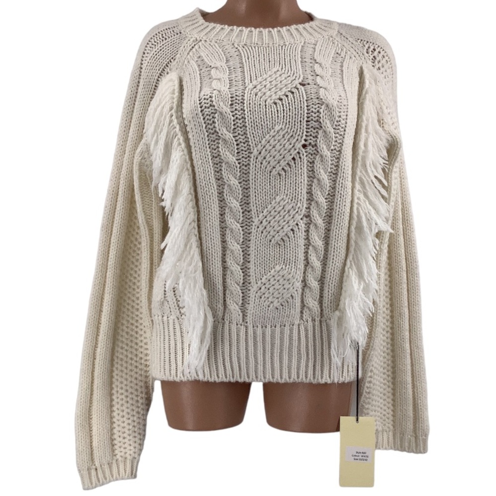 Elsamanda Anthropologie Chunky Cable Knit Fringe Crew Neck Sweater Size L New